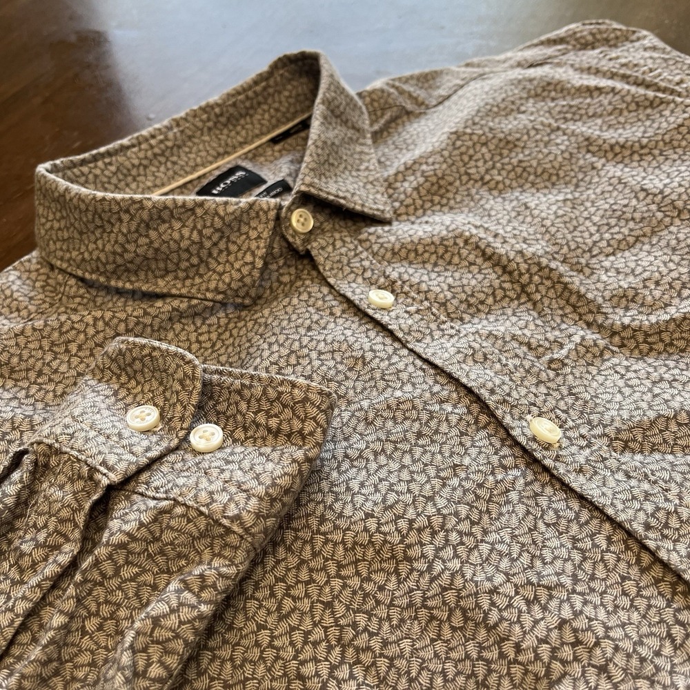 Hugo Boss mens XXL slim fit geometric Leaf pattern cotton bamboo button up